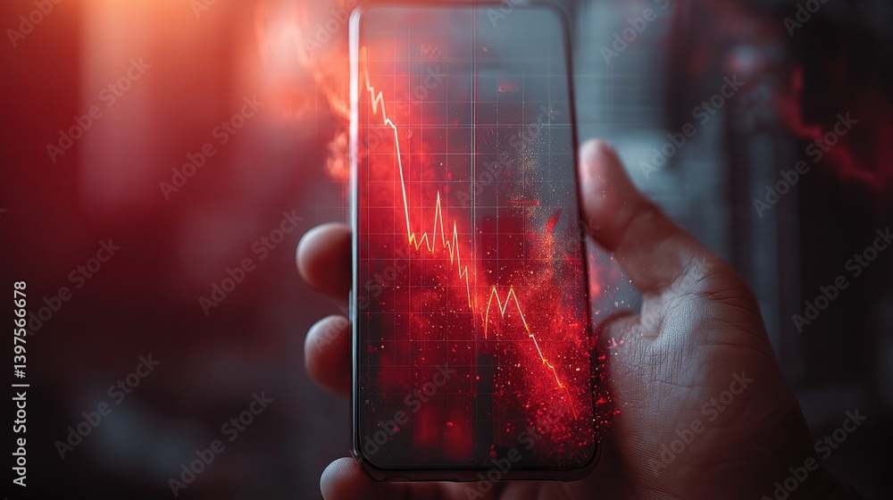 Aufkleber hand holding phone displaying falling graph in digital environment