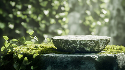 Stone Pedestal on Mossy Surface with Waterfall Background