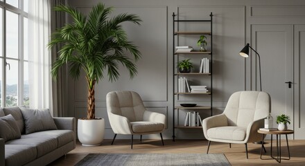 Serene Living Room Interior Design with Palm Tree - Relaxing home, modern furniture, stylish palm, reading corner, peaceful atmosphere. Symbolizes tranquility, comfort, nature, sophistication