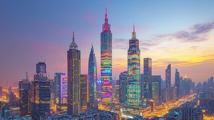 Obraz premium Colorful city skyline at dusk, illuminated skyscrapers, urban landscape