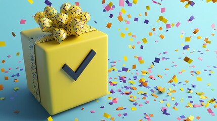 Yellow gift with confetti and a 3D check mark icon, a festive and celebratory render