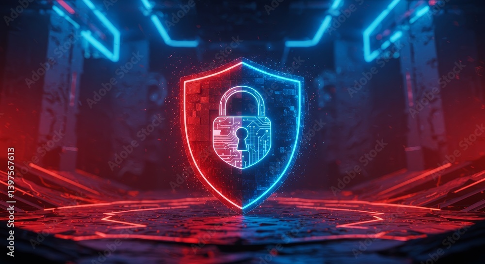 Poster shield protection - a glowing shield with a padlock, symbolizing cybersecurity and data protection. 