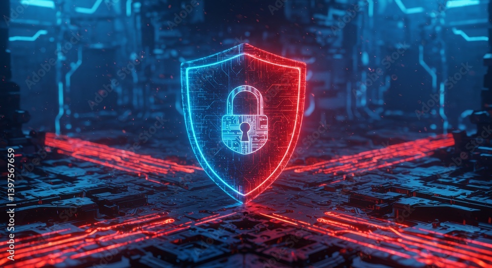 Poster shield protection - a glowing shield with a padlock symbolizes online security and data protection. 