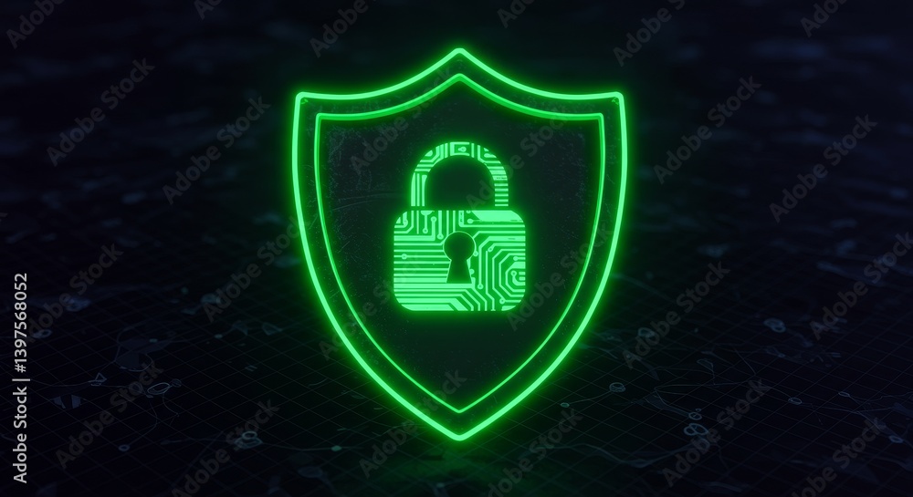 Poster shield protection - glowing green shield with a padlock inside, representing cybersecurity and data 