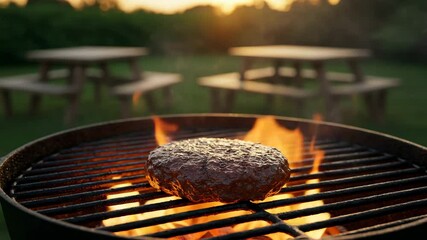 Golden-Hour Grilling Burger: Capturing the essence of a perfect summer evening, this image showcases a succulent burger sizzling on a flaming grill amidst a sun-drenched backyard.