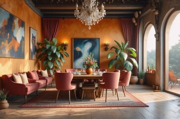 Fototapeta premium Sunlit dining room with orange walls, arched windows, plush seating, large plants, and a crystal chandelier. A wooden table is set for a meal.