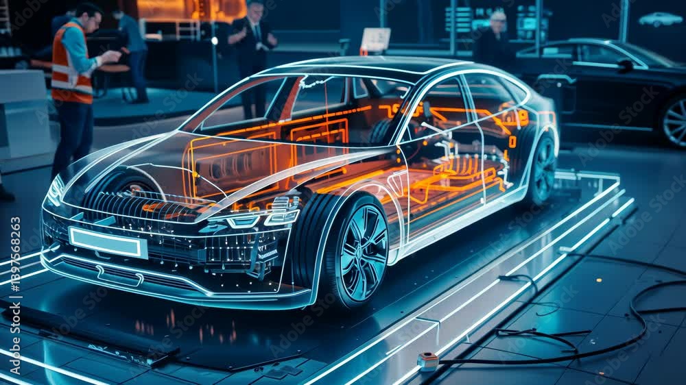Poster a transparent automobile featuring advanced components and digital technology, highlighting the inte