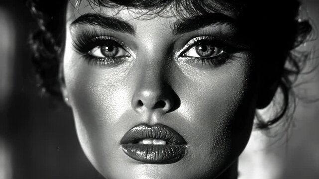 A noir close-up of a beautiful woman face with dramatic shadows casting over her features. A black-and-white movie style character.