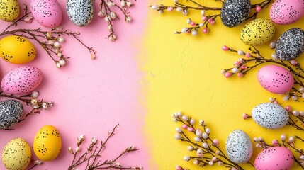 A cheerful Easter holiday background features pastel pink and yellow painted speckled eggs arranged with delicate sp blossoms creating a warm and inviting festive frame.