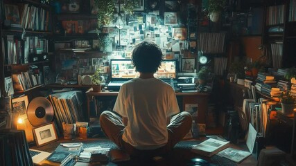 lofi boy cozy, cluttered room vintage modern aesthetics. vinyl records, books, personality stream starting soon screen, overlay loop, 4K time-lapse animated virtual backgrounds wallpaper