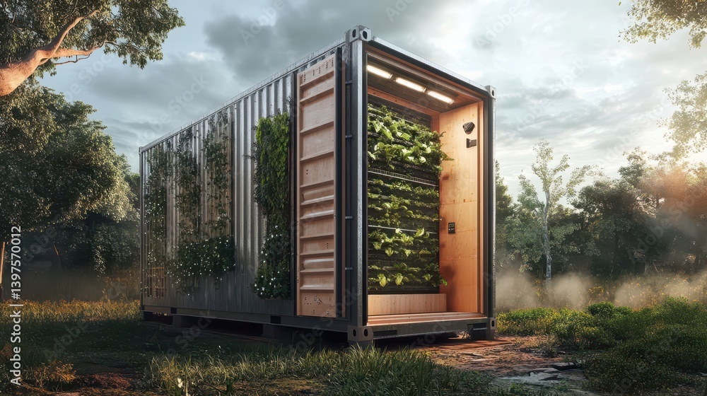 Poster an open shipping container showcases a vertical farm in a green setting