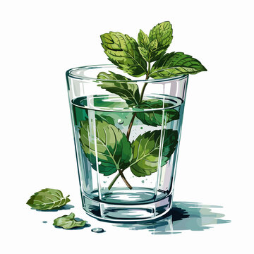 Mint Leaves in Refreshing Glass Drink Clipart