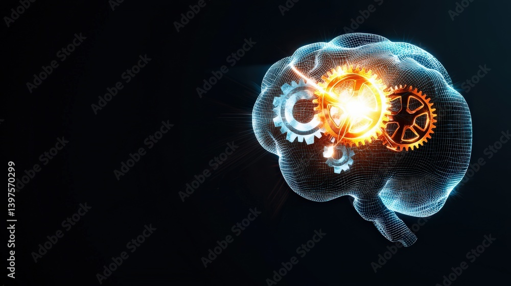 Poster a glowing thought bubble morphing into a mechanical gear, symbolizing structured thinking, critical 