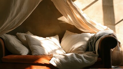 A child building a fort out of pillows and blankets in the living room.