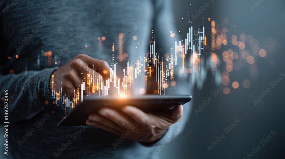 Poster man using tablet with ai-powered trading chart visuals