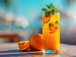 A tantalizing orange-infused cocktail, garnished with fresh mint leaves, presents a delightful fusion of flavors, evoking a sense of relaxation and zest.