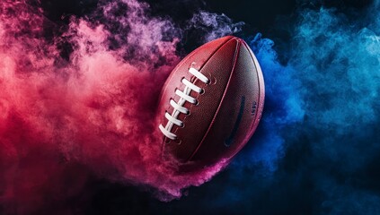 American Football Floating with Vibrant Pink and Blue Smoke on Dark Background