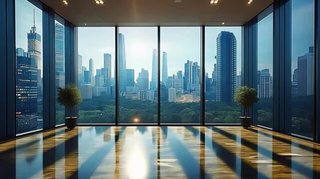 Modern Office with Panoramic City View and Reflective Floor in High-Rise Building

