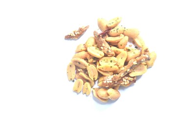 salt peanut and spicy crispy little fish sesame arranging on white background