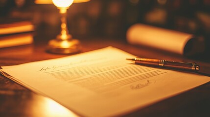 A signed contract document resting under a bright desk lamp.