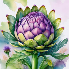 Fototapeta premium vibrant watercolor painting of artichoke showcases its intricate layers and rich colors, capturing beauty of nature stunning artistic form. delicate details evoke sense of tranquility