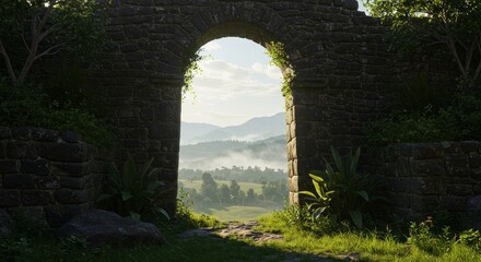 Stone Archway to Misty Mountains - A stone archway in overgrown ruins frames a scenic view of misty mountains and a tranquil valley