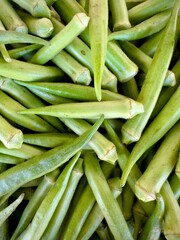 Fresh Green Okra Pods Closeup Texture.
