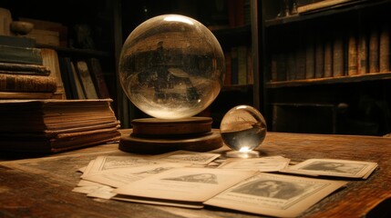 A fortune teller's booth with crystal balls and fortune telling cards on display.