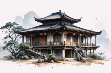 Fototapeta premium Serene watercolor painting of a traditional East Asian pavilion nestled amongst misty mountains and lush greenery. Wooden structure with tiered roof, lanterns, and stone steps.