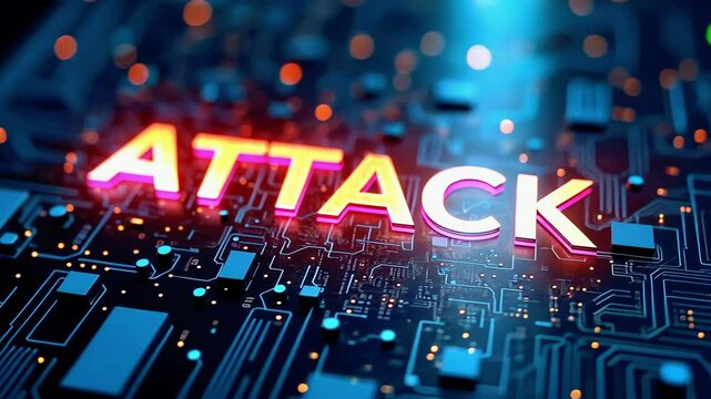 Futuristic digital landscape showcasing the word 'ATTACK' illuminated against a circuit board backdrop
