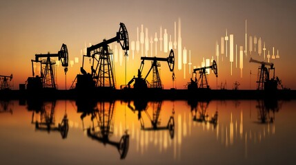 Silhouetted Oil Rigs Against Rising Forex Chart in Sunset Glow