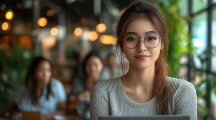 Casual Asian businesswoman collaborating with a diverse team in a lively workspace environment