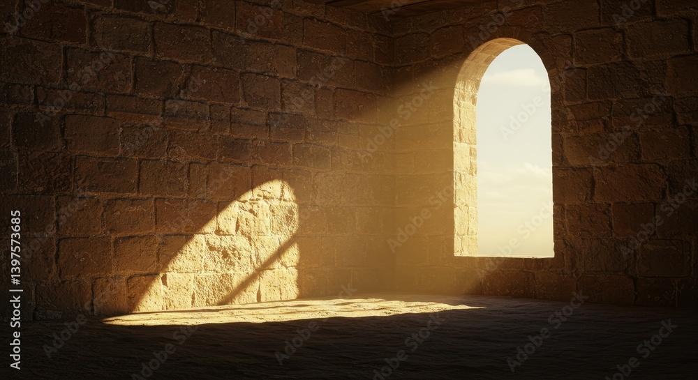 Poster sunlit stone room with arch window - a sunbeam streams through an arched window in a stone room, ill