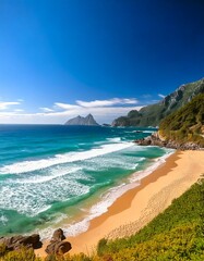 Obraz premium Beautiful tropical beach with palm trees, sunset beach seascape, design template for travel banner.