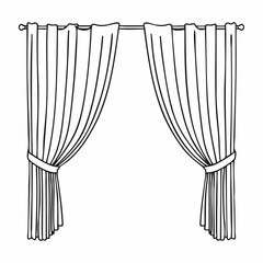 Line art illustration of draped curtains on a rod. Vector Image
