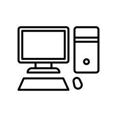 Minimal Line Icon of a Desktop Computer Setup on White Background