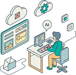 Character Creating Content, Images, and Text Using Generative AI Tools — Artificial Intelligence Technology Concept. Flat Isometric Vector Illustration.