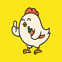 Smiling Chicken Character Holding Chili Pepper with Thumbs-Up Gesture