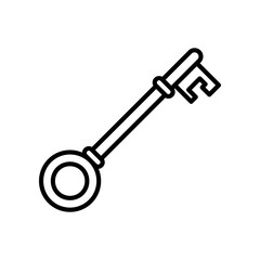 Outline Illustration of Vintage Key with Circular Head in Black and White