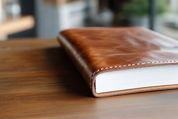 This visually appealing image features a chic leather notebook resting on a wooden table, exuding simplicity and elegance perfect for daily reflections and creative pursuits.