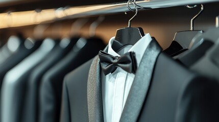 Elegant black tuxedo suits and crisp white shirts hang neatly on metal garment rack ready for premium dry cleaning service showcasing impeccable tailo and luxurious fabrics