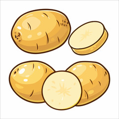 Cartoon Potatoes Whole and Sliced. Vector Image