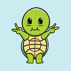 Front View of Happy Cartoon Turtle Making Peace Sign