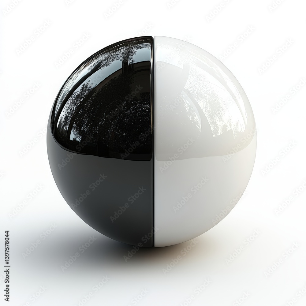Poster stylized duality icon reflecting harmony between light and dark spheres showcasing glossy texture an