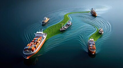 Import Tariffs concept. Cargo ships navigating through calm waters