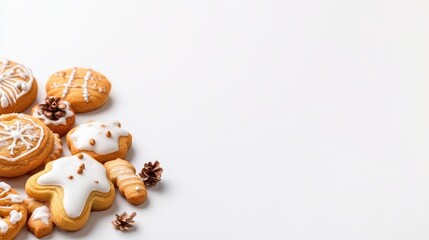 Assorted gingerbread cookies decorated with icing and sprinkles arranged in a corner composition on a clean white background, and festive holiday treats.