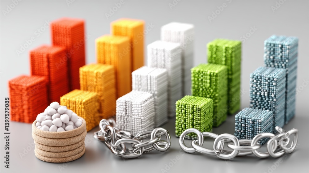 Poster import tariffs concept. colorful business graphs turning into chains around products in an eco frien