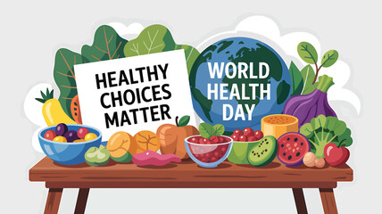 World Health Day vector illustration in flat design showing medical professionals, heart health, stethoscope, and healthcare icons – perfect for hospital, clinic, wellness, and medical campaign design