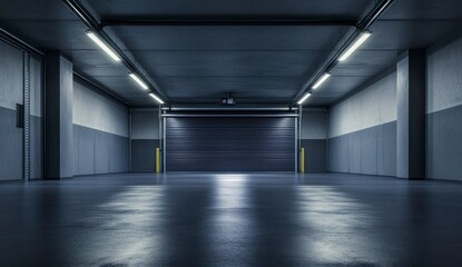 Obraz premium Empty Loading Dock Interior with Closed Shutter Door and Concrete Floor