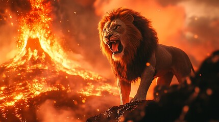 Naklejka premium Majestic Lion Roaring Before Volcanic Eruption